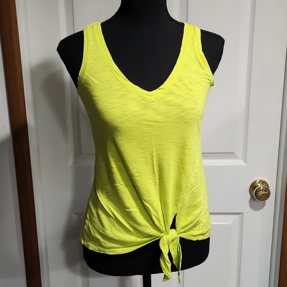 Express neon yellow v neck tank w knot tie in front